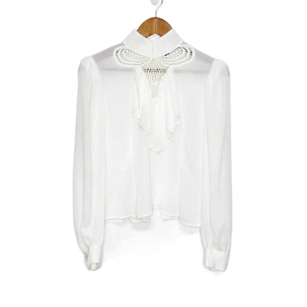 Vintage Morgan City Lace Pleated Collar Blouse Top Ivory Size Medium